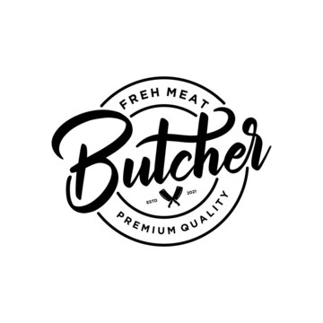 Butcher Shop hand written lettering logo with label badge emblem design template