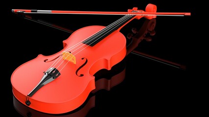 Orange-Gold classic violin on black plate under spot lighting background. 3D sketch design and illustration. 3D high quality rendering.