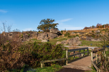 Devils Den as seen from the bridge that crosses Plum Run in the Gettysburg National Military Park on a sunny fall day