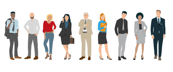 illustration représentant des personnages de races différentes, d'âges différents, hommes ou femmes d'affaires, employés dans des entreprises, patrons et businessman
