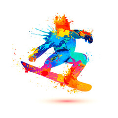 Snowboarder silhouette vector icon of splash paint on white background