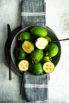 Bowl of ripe organic feijoa fruits