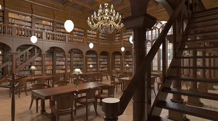 Victorian library room interior 3d illustration