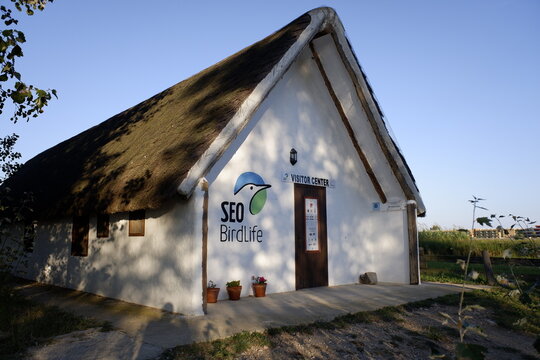 Deltebre, Tarragona - October 5, 2021: Barraca of the Seo Birdlife organization for the observation and protection of birds in the Ebro river delta.