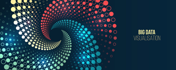Big data visualization. Processing of data arrays, sorting. Filtering machine algorithms. Data stream in the form of an array of spirals and binary code. Vector database background. - obrazy, fototapety, plakaty