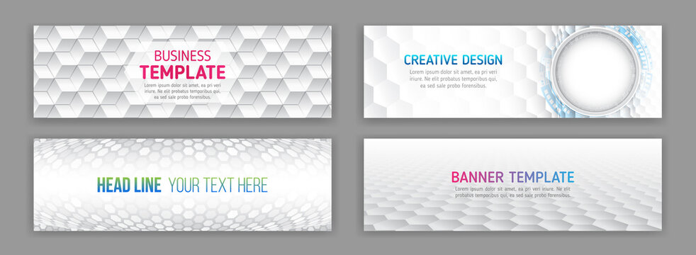 Set of modern banner templates for websites. Abstract social media cover design. Horizontal header web background. Gray geometric background created from hexagons. Technology style