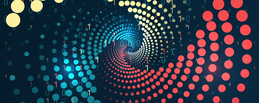 Big data visualization. Processing of data arrays, sorting. Filtering machine algorithms. Data stream in the form of an array of spirals and binary code. Vector database background.