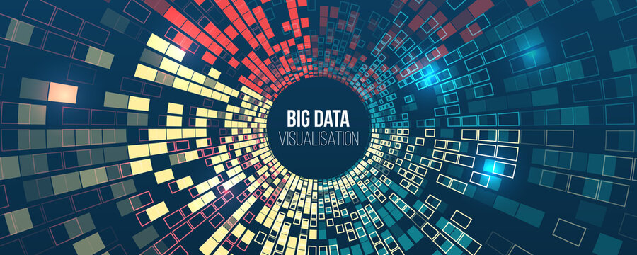 Big data visualization. Processing of data arrays, sorting. Filtering machine algorithms. Data stream in the form of an array of circles and binary code. Vector database background.