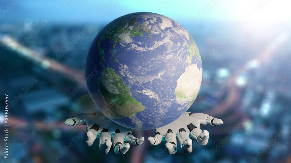 Wall mural artificial intelligence mechanical robot hand unity holding earth, world development of ai technolog
