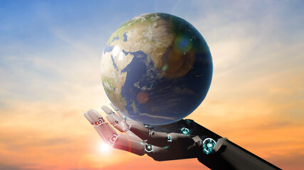 Fototapeta premium Artificial intelligence robot hand holding global earth, eco friendly protecting environmental world with AI technology machine learning research preservation nature of life, 3d model futuristic.