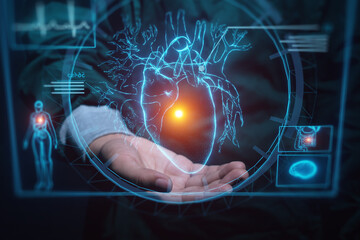 Human heart hologram user interface screen infographic, Artificial intelligence AI assistance with,...
