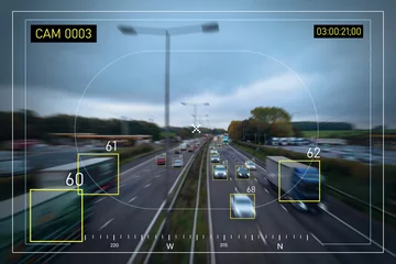 Foto op Plexiglas Ai tracking traffic automobile vehicle car recognizing speed limit and information system, security surveillance camera monitoring motorway traffic tracking artificial intelligent technology. © Have a nice day 