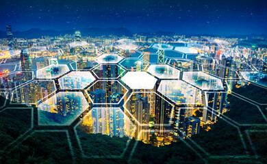 Internet speed Data communication connection network frame Modern industrial skyline city...