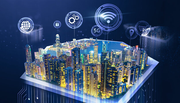 Futuristic smart city structure in space blue background concept, internet of things wireless network connection communication computer information system service, modern icon future technology