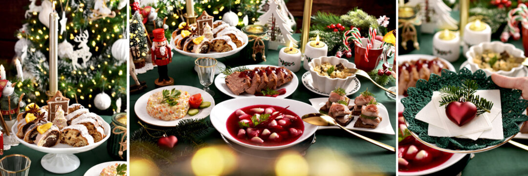 Christmas collage with traditional Polish Christmas Eve dishes on festive table