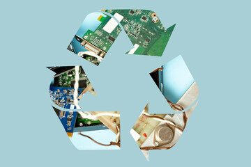 Old electronic parts inside of recycle symbol, on clean background, e waste concept, recycling...
