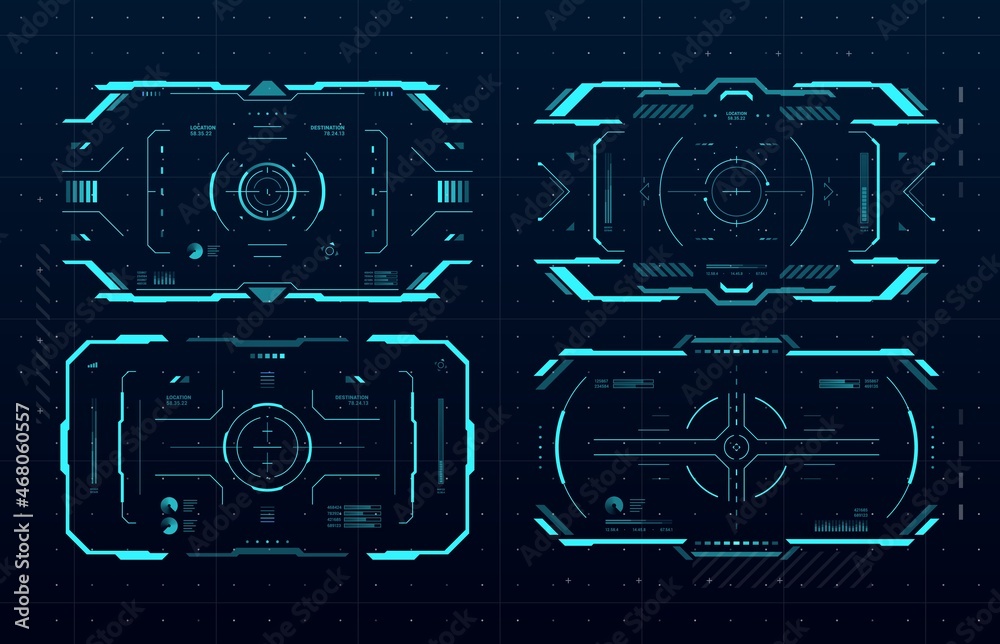 Leinwandbilder HUD aim control frame interface, futuristic target vector screen ui of Sci Fi game. Hologram dashboard panels with digital target crosshairs and neon viewfinder frame borders, vr head up display