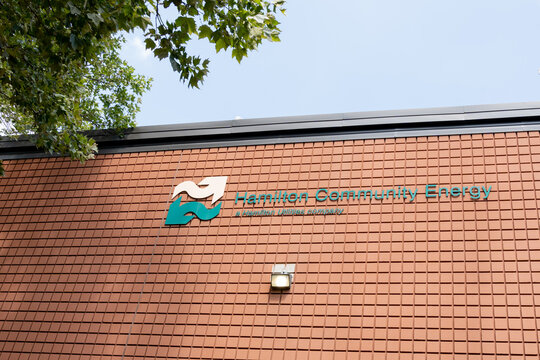 
Hamilton, On, Canada - August 22, 2021: Sign of Hamilton Community Energy  (HCE) at their headquarters, ON, Canada. HCE is the commercial operating entity of Hamilton Enterprise Holding Corporation. 