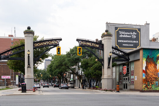 Hamilton, On, Canada - August 22, 2021: Gateway entrance to Downtown Hamilton, ON, Canada.  Hamilton is a port city in the Canadian province of Ontario. 