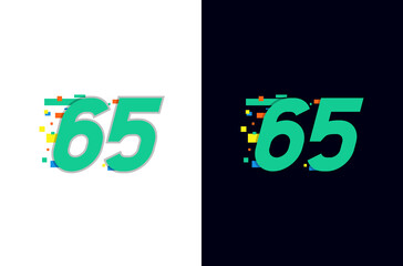 Colorful digital number 65 logo with pixel icon. Fast technology	
