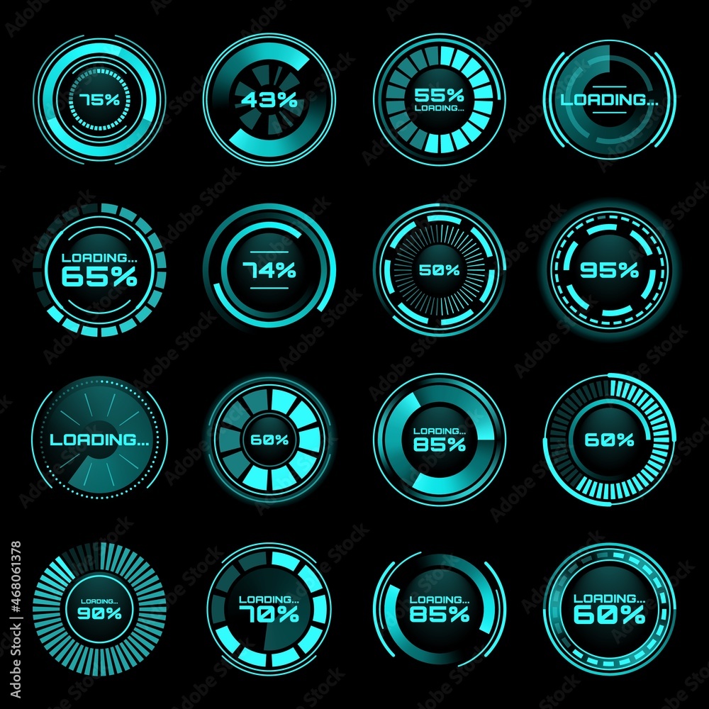 Leinwandbilder HUD futuristic loading progress bars. Sci Fi user vector interface or ui. Future technology digital screen or game control panel with circular progress bars, loading scales and percent indicators