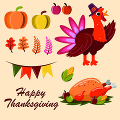 Thanksgiving background. Thanksgiving illustration set. Flat design thanksgiving background with turkey. Flat vector illustration. 