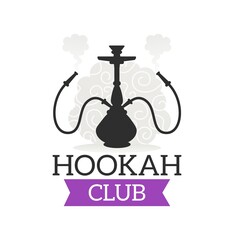 Hookah club vector icon with shisha smoking pipe. Lounge cafe or bar emblem with Arabic hookah, hooka or nargile isolated black silhouettes, smoke slouds and Arab ornaments