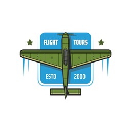 Flight tours icon, airplane travel or avia tourism with plane rental. Vintage airplane or propeller plane icon of civil aviation travel and private jets adventure, aviator pilot training