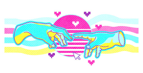 Fototapeta na wymiar Print for tee, t shirt with hands tend touching together in 90s' doodle style. Pastel color collage for poster with rainbow, user interface element- pixel hearts. Looks like Michelangelo's work.
