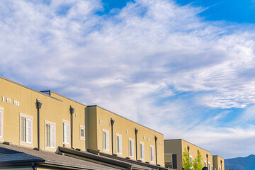 Modern townhouses with rain gutters at Daybreak, Utah