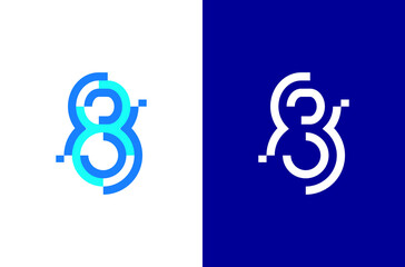 Number 8 digital logo. Numbers design with technology concept. Line logo and pixel