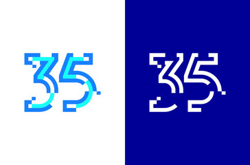 Number 35 digital logo. Numbers design with technology concept. Line logo and pixel