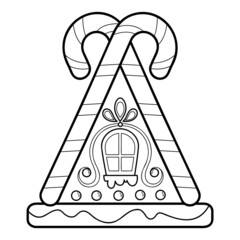 Christmas coloring book or page. Gingerbread house black and white vector illustration