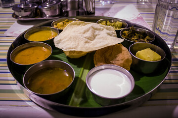 Beautiful South Indian Thali with Chapatti and Curry at a Restaurant in Hyderabad, India