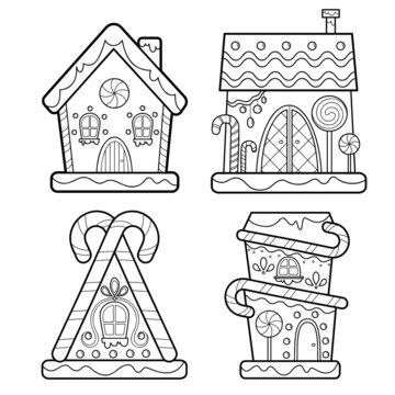 Christmas Coloring Book Or Page. Gingerbread House Black And White Set Vector