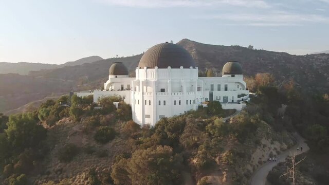 Aerial drone view of Griffith Park, Observatory. downtown Los Angeles skyline. California travel destination in America. drone 4k.