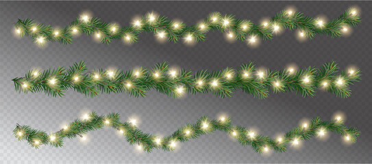  Vector border with green fir branches and with festive decoration elements on transparent background. Christmas tree garland with fir branches and lights. - obrazy, fototapety, plakaty