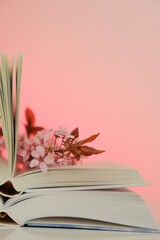 Spring books. Open book with pink flowering branches close-up on a pink background .Books about...