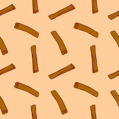 Vector seamless pattern of contour cinnamon stick in flat style. Background or texture with seasoning, spice, ingredient for baking, hot drinks, aromatherapy, cooking