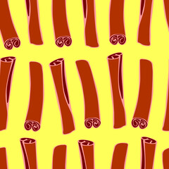 Vector seamless pattern of contour cinnamon stick in flat style. Background or texture with seasoning, spice, ingredient for baking, hot drinks, aromatherapy, cooking