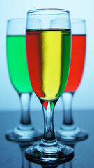 Closeup photo of drink in a glass on a bokeh blur background of colored drink glasses