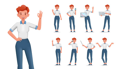 Set of 3d vector business woman character illustration design. Presentation in various action. People working in office planning, thinking and economic analysis.