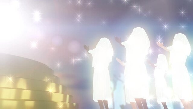 the righteous dressed in white robes before the golden throne of god animation