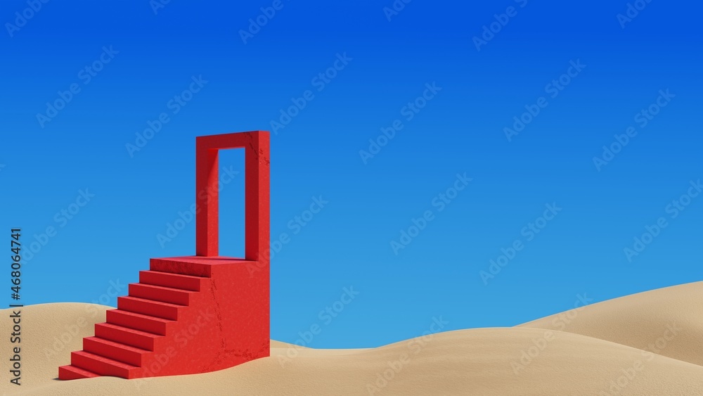 Poster red concrete staircases with portal on sand dunes.surreal desert landscape minimal abstract backgrou