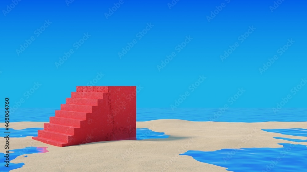 Poster red concrete staircase on the sand beach with the ocean.abstract minimal surreal background.3d rende