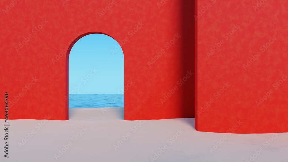 Poster Red concrete wall architectural structure with arche on the sand beach with the ocean.Abstract minimal surreal landscape background.3d rendering illustration.