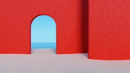 Foto op Plexiglas Rode betonnen muur architecturale structuur met arche op het zandstrand met de oceaan. Abstracte minimale surrealistische landschap background.3d rendering illustratie. © Man As Thep