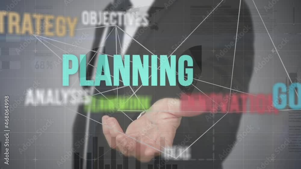 Poster animation of business management text and businessman using interface with data processing
