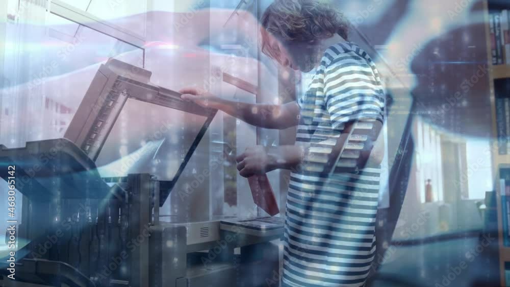 Poster animation of person typing on computer keyboard over male student using copying machine