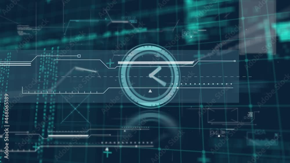Poster animation of data processing and clock moving fast over gird